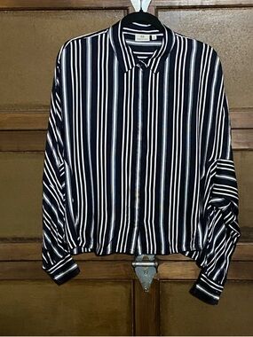 Ag Adriano Goldschmied Navy and White Vertical Stripe Button-Down Blouse